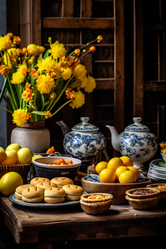 中式家具上的传统糕点摄影图18