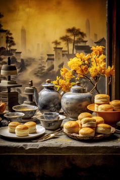 中式家具上的传统糕点摄影图9