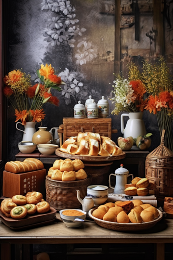 中式家具上的传统糕点木制食品