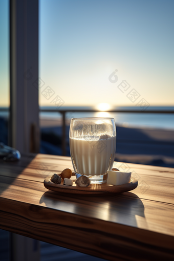 海边阳光下的牛奶木板夏日