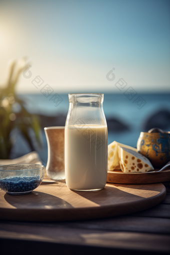 海边阳光下的牛奶透视玻璃杯
