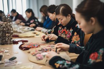 中国手工刺绣纺织厂车间