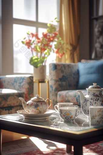 陶瓷茶具暖色调被子室内