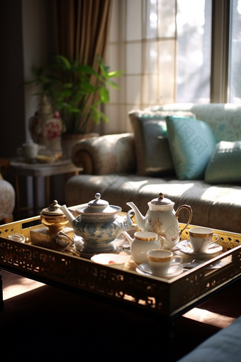 陶瓷茶具暖色调家具花纹