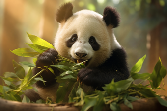 悠闲自在的成年大熊猫森林树叶