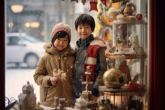 冬天孩子站在圣诞橱窗前过节节日