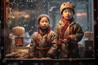 冬天孩子站在圣诞橱窗前儿童过节
