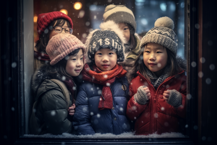 冬天孩子站在圣诞橱窗前儿童小孩