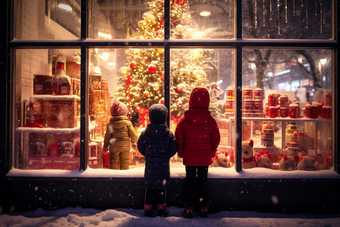 冬天孩子站在圣诞橱窗前儿童温馨