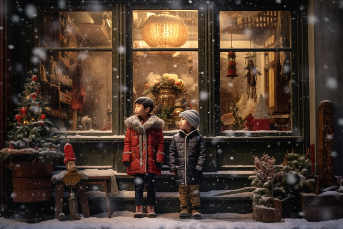 冬天孩子站在圣诞橱窗前可爱节日氛围