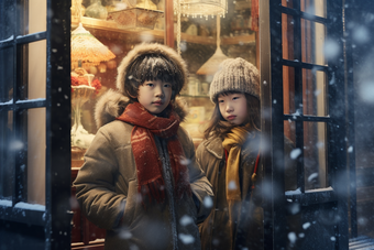 冬天孩子站在圣诞橱窗前小孩可爱