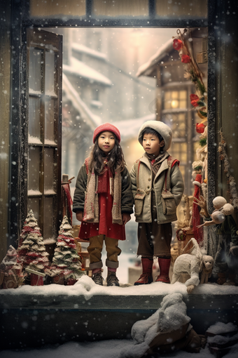 冬天孩子站在圣诞橱窗前过节节日氛围