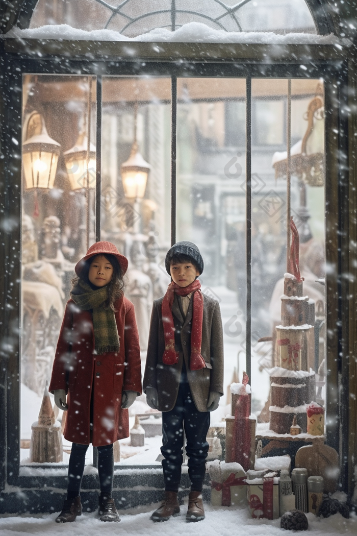 冬天孩子站在圣诞橱窗前可爱寒冷