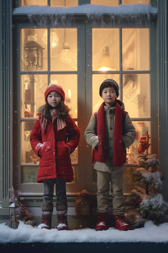 冬天孩子站在<strong>圣诞橱窗</strong>前小孩节日氛围