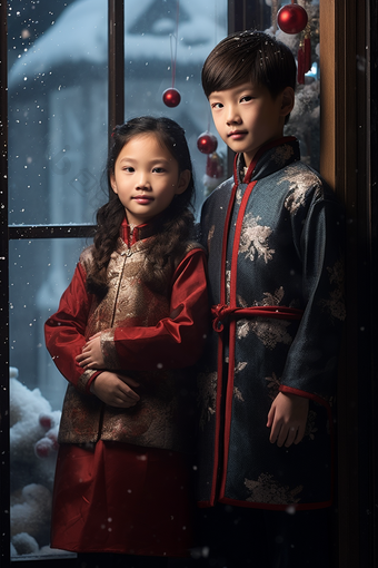 冬天孩子站在圣诞橱窗前小孩节日