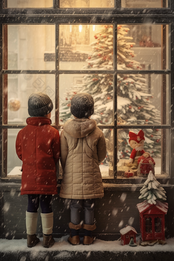 冬天孩子站在圣诞橱窗前可爱吸引