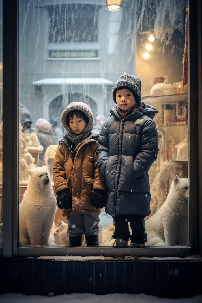 冬天孩子站在圣诞橱窗前可爱节日
