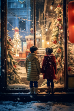 冬天孩子站在圣诞橱窗前摄影图14