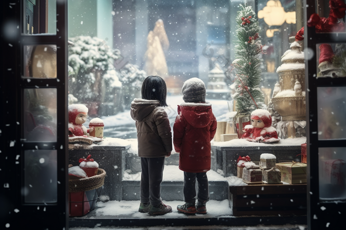 冬天孩子站在圣诞橱窗前小孩寒冷