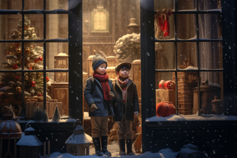 冬天孩子站在圣诞橱窗前儿童节