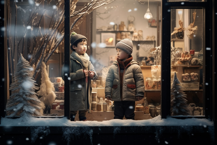 冬天孩子站在圣诞橱窗前可爱过节