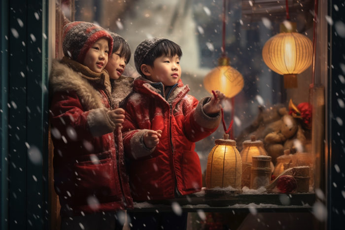 冬天孩子站在圣诞橱窗前小孩节