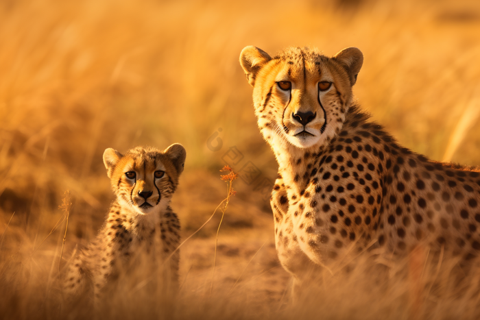 猎豹和幼崽在野外动物世界温馨