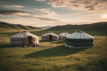 草原上的蒙古包屋子草坪