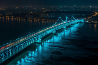 夜晚城市中的跨海大桥横图道路灯火通明