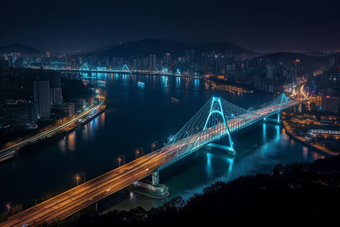 夜晚城市中的跨海大桥横图车流灯火通明