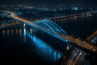 夜晚城市中的跨海大桥横图交通灯火通明