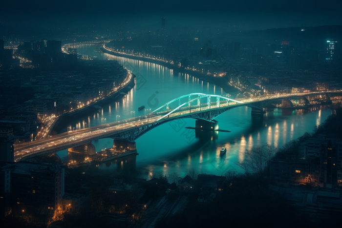 夜晚城市中的跨海大桥横图车流灯光
