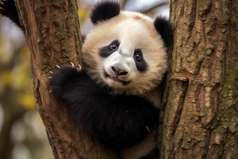 爬树的熊猫吃竹子竹叶