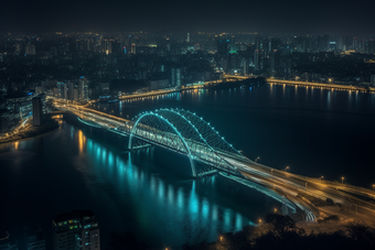 夜晚城市中的跨海大桥横图跨海灯火通明