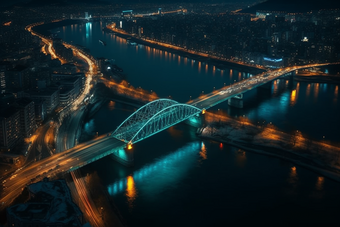 夜晚城市中的跨海大桥横图交通高楼大厦