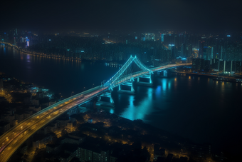 夜晚城市中的跨海大桥横图跨海高楼大厦