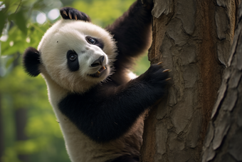 爬树的熊猫吃竹子竹笋