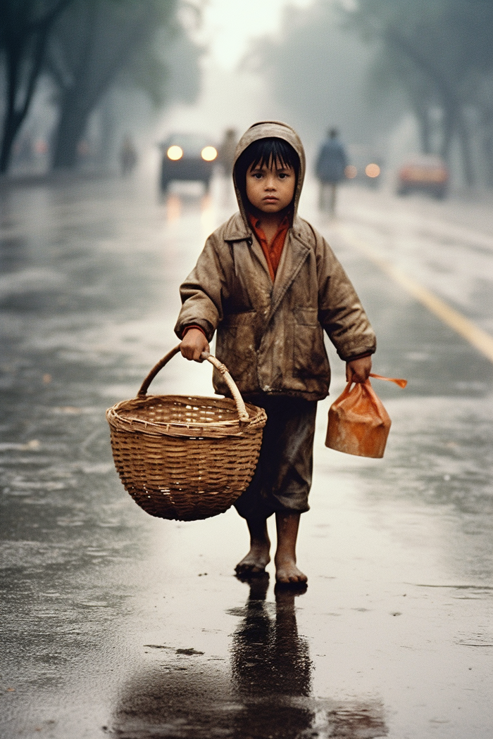 农村买菜的小男孩儿童贫穷