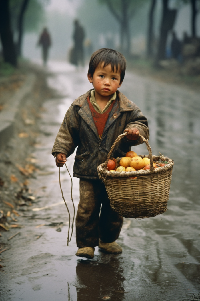 农村买菜的小男孩留守贫穷