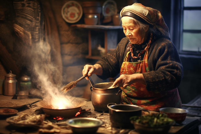 农村做饭的老奶奶肖像老人