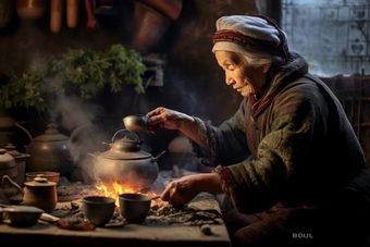 农村做饭的老奶奶老人注视