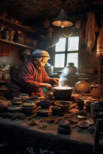 农村做饭的老奶奶老人长辈