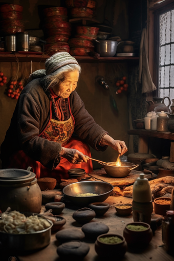 农村做饭的老奶奶肖像辛苦
