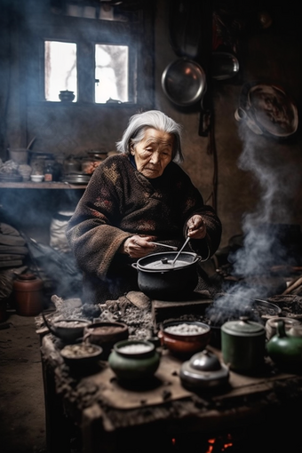 农村做饭的老奶奶老人眺望