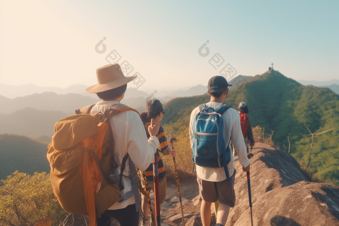 团队登山户外运动锻炼山峰