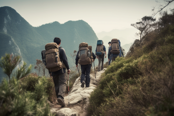 团队登山户外运动背包山顶