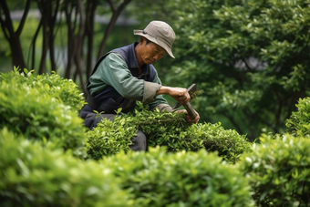 园丁修剪植物绿色花园