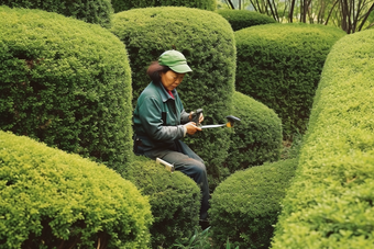 园丁修剪植物绿色花园
