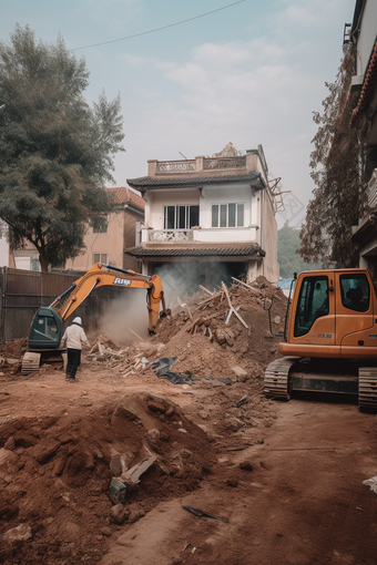 建筑拆除拆迁现场挖掘机挖掘