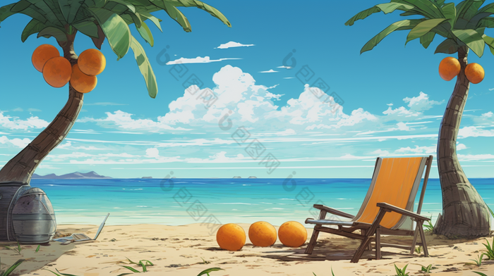 夏日缤纷沙滩树木度假插画